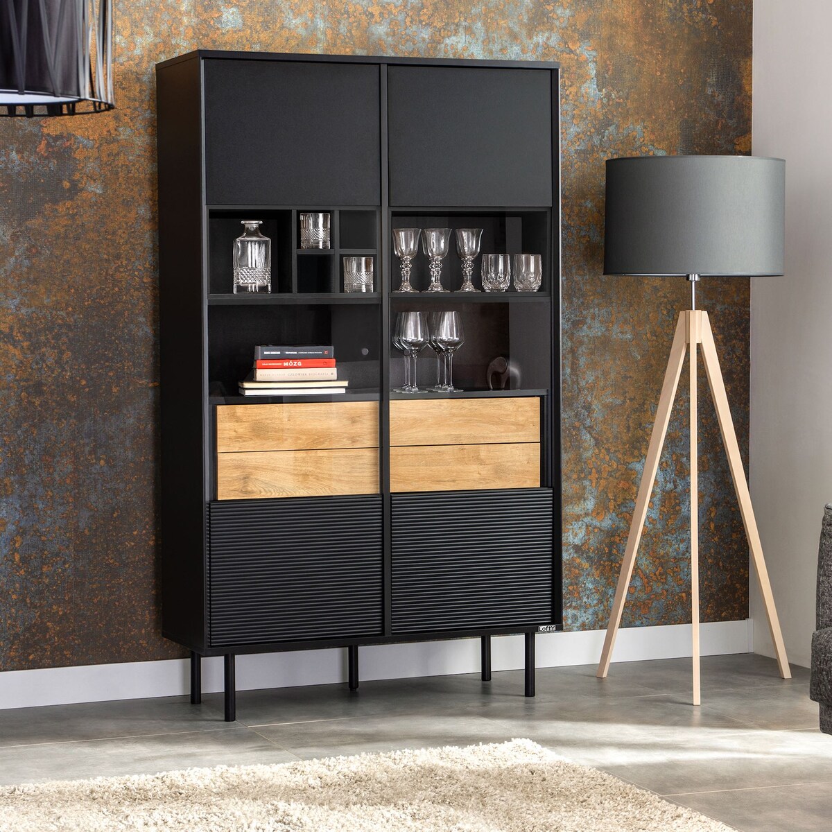 KONSIMO LOFTY Dwudrzwiowa witryna z szufladami w stylu loft