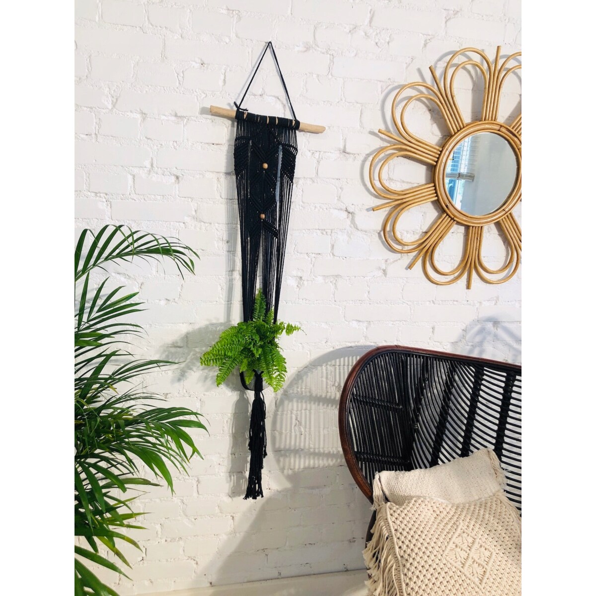 KWIETNIK MAKRAMA POJEDYNCZY Z DREWNEM KREM