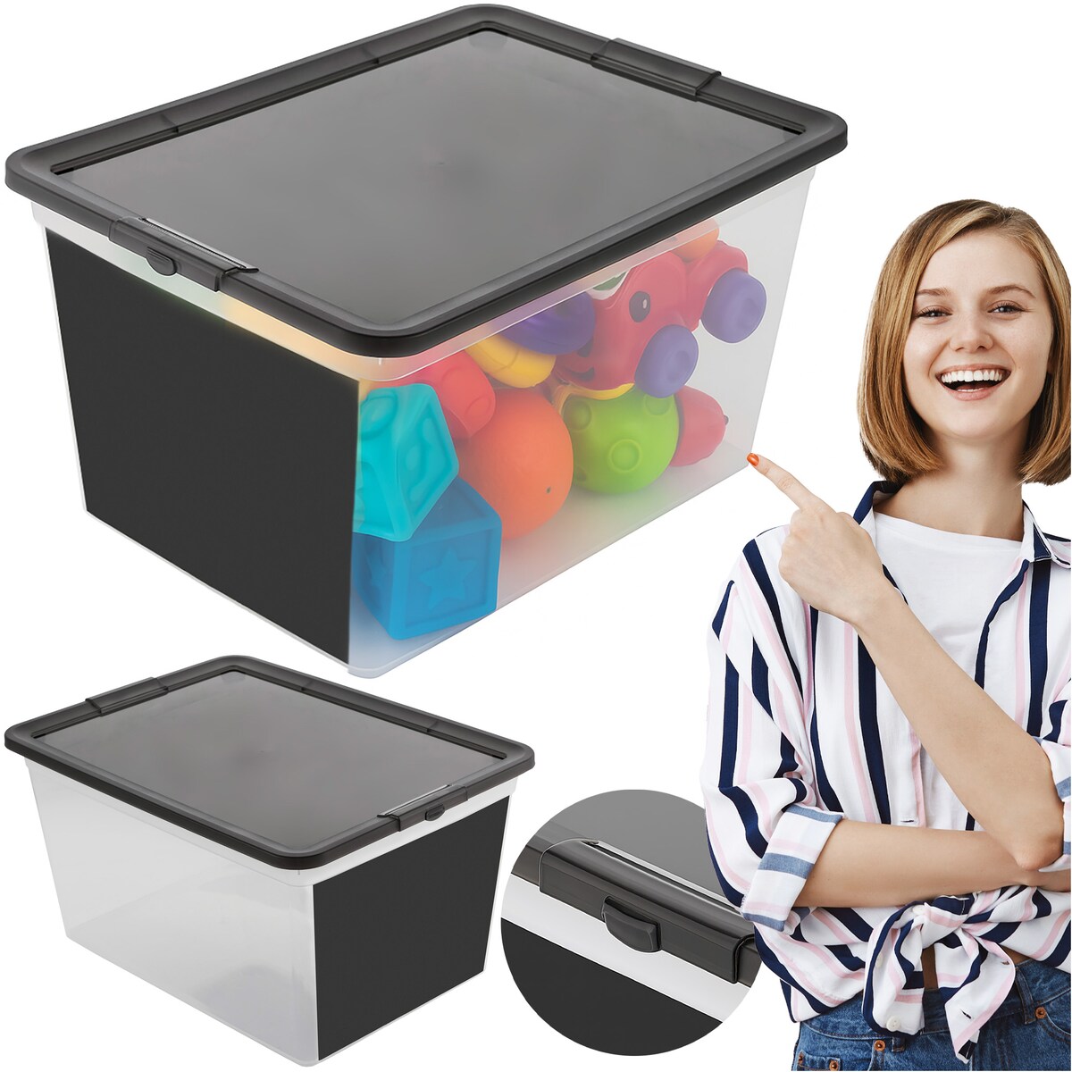 Pojemnik Plastikowy Z Pokrywą Na Zabawki 30 L Z Tablicą Do Pisania Pudełko Do Przechowywania