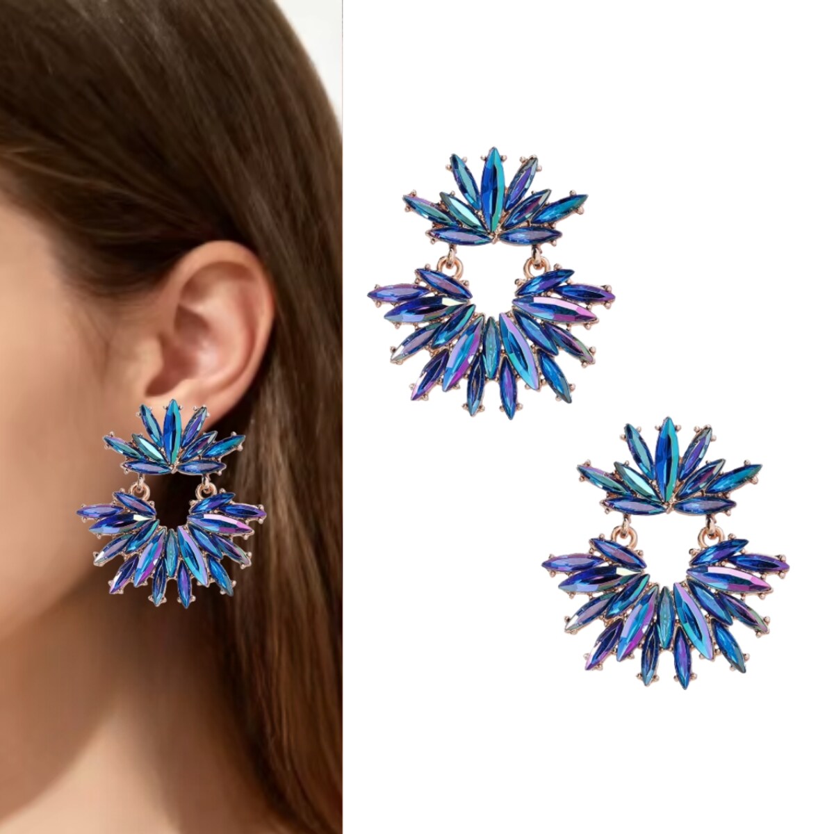 Niebieskie złote kobaltowe opalizujące kolczyki rozety cyrkonie efekt