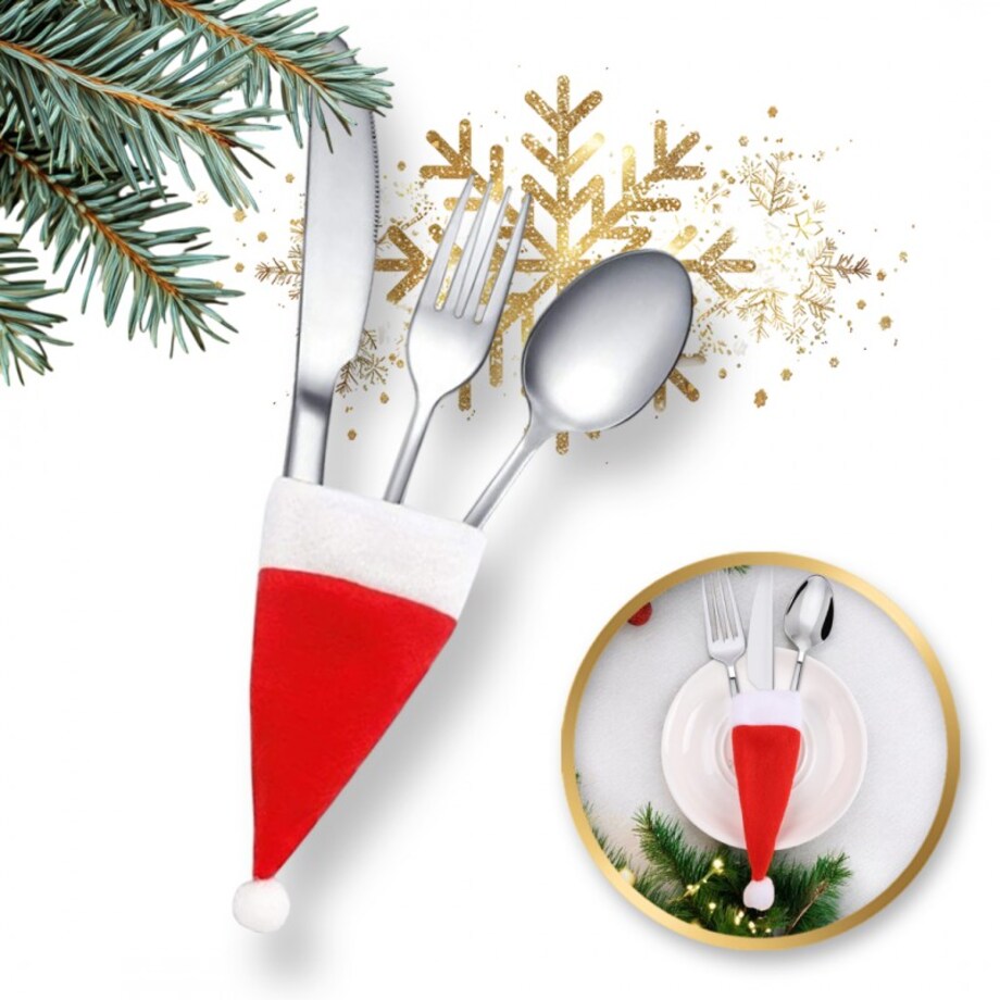 Pokrowiec, etui na sztućce Boże Narodzenie Czapka Mikołaja 12cm x 6cm 1szt KSN68POJ