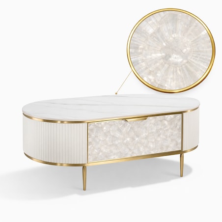 Kremowy stolik kawowy glamour Champion z muszlami i spiekiem 122x71x45