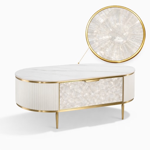 Kremowy stolik kawowy glamour Champion z muszlami i spiekiem 122x71x45