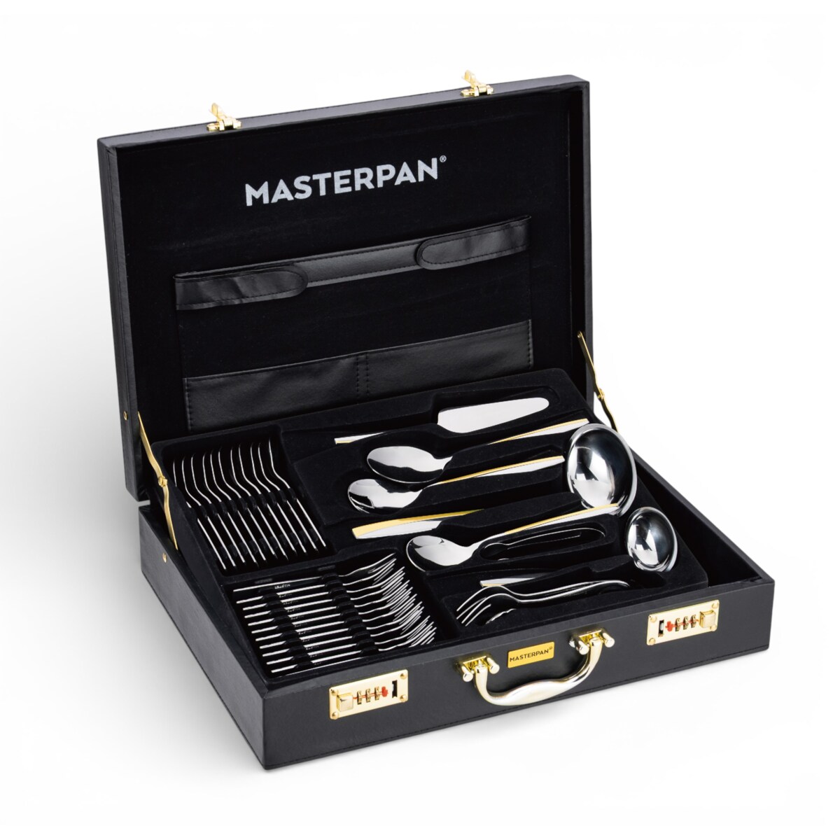 Zestaw sztućców w walizce 72 ELE na 12 osób sztućce złote wstawki komplet MASTERPAN MP-8008