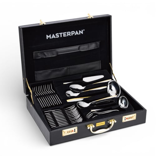Zestaw sztućców w walizce 72 ELE na 12 osób sztućce złote wstawki komplet MASTERPAN MP-8008