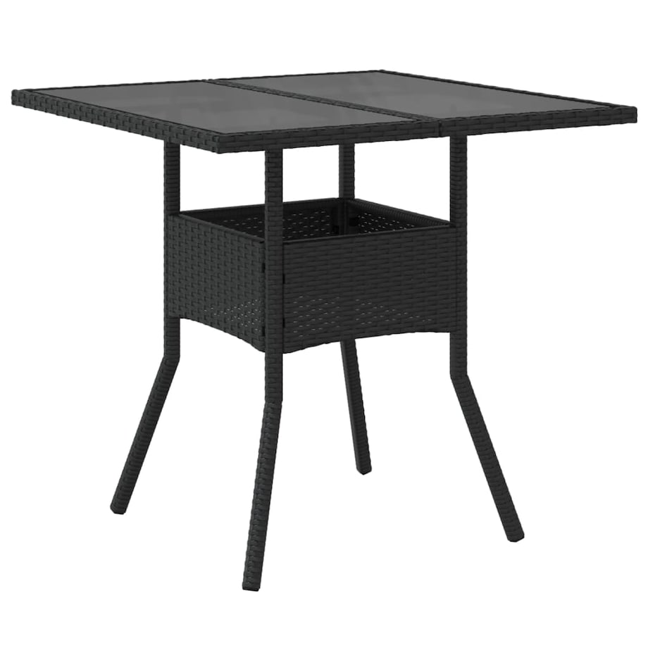 vidaXL Stół ogrodowy ze szklanym blatem, czarny, 80x80x75cm, rattan PE
