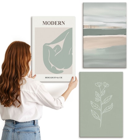 Zestaw 3 dużych obrazów na płótnie - Abstrakcyjne pastelowe kształty roślin - zielony