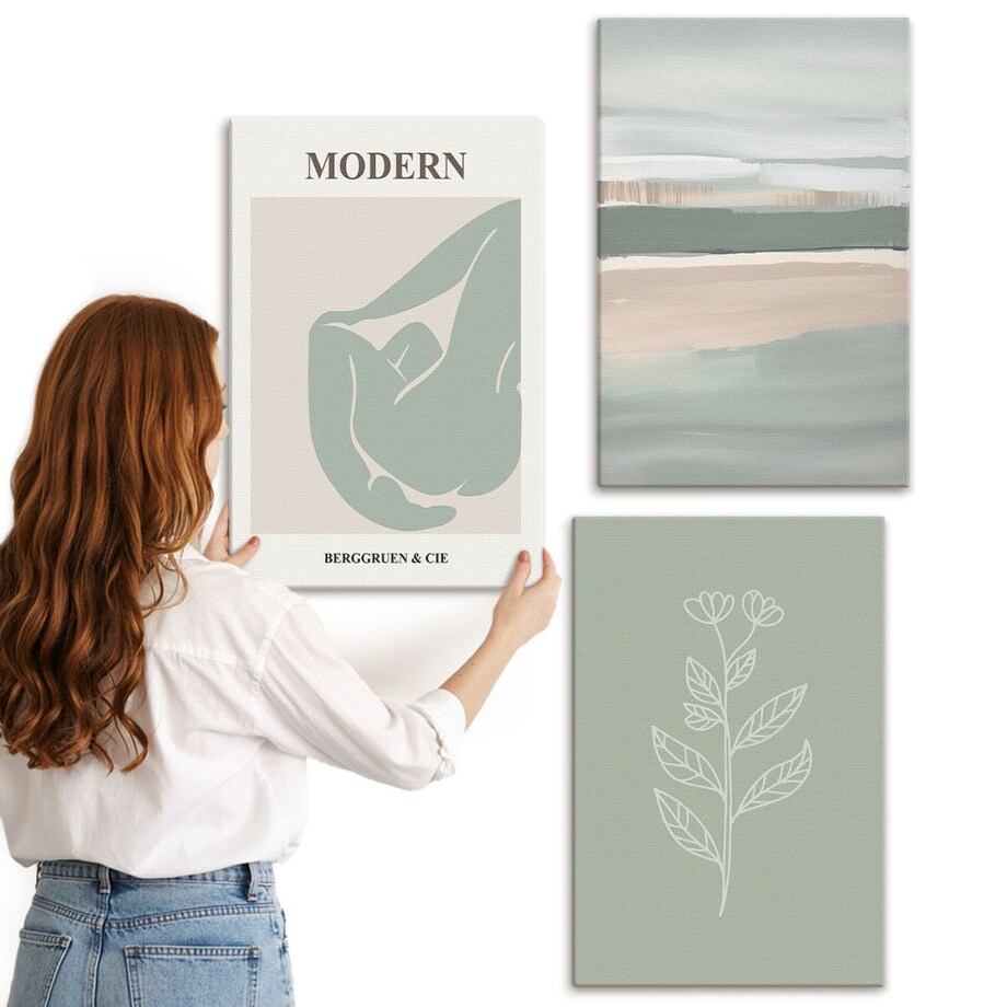 Zestaw 3 dużych obrazów na płótnie - Abstrakcyjne pastelowe kształty roślin - zielony