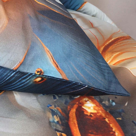 Pościel satyna bawełniana 180x200 Auroria złote kwiaty na niebieskim tle, Satynlove Premium