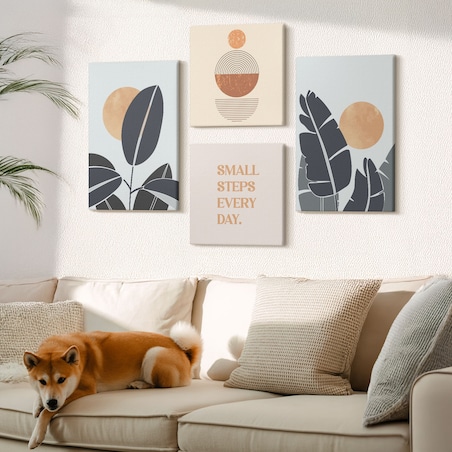 Zestaw 4 obrazów na płótnie - Roślinne wzory duże słońca minimalistyczne - pomarańczowy