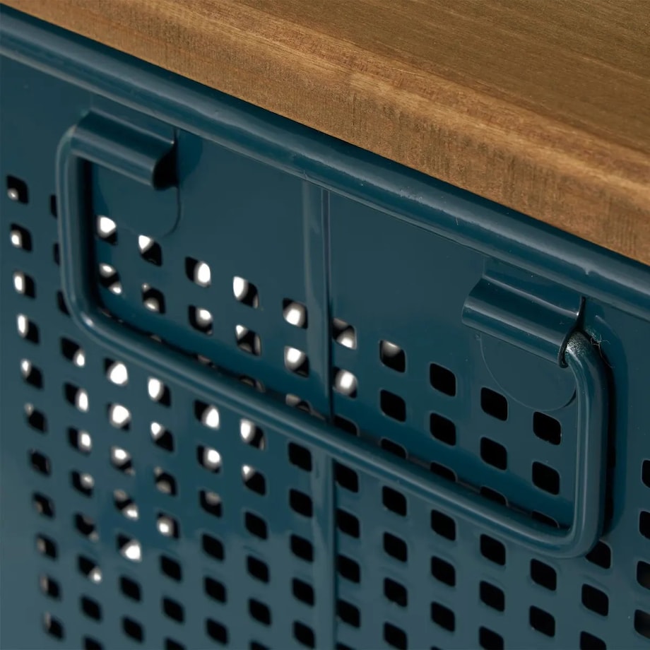 Komplet 3 metalowych skrzyń z drewnianym blatem Azae niebieskie