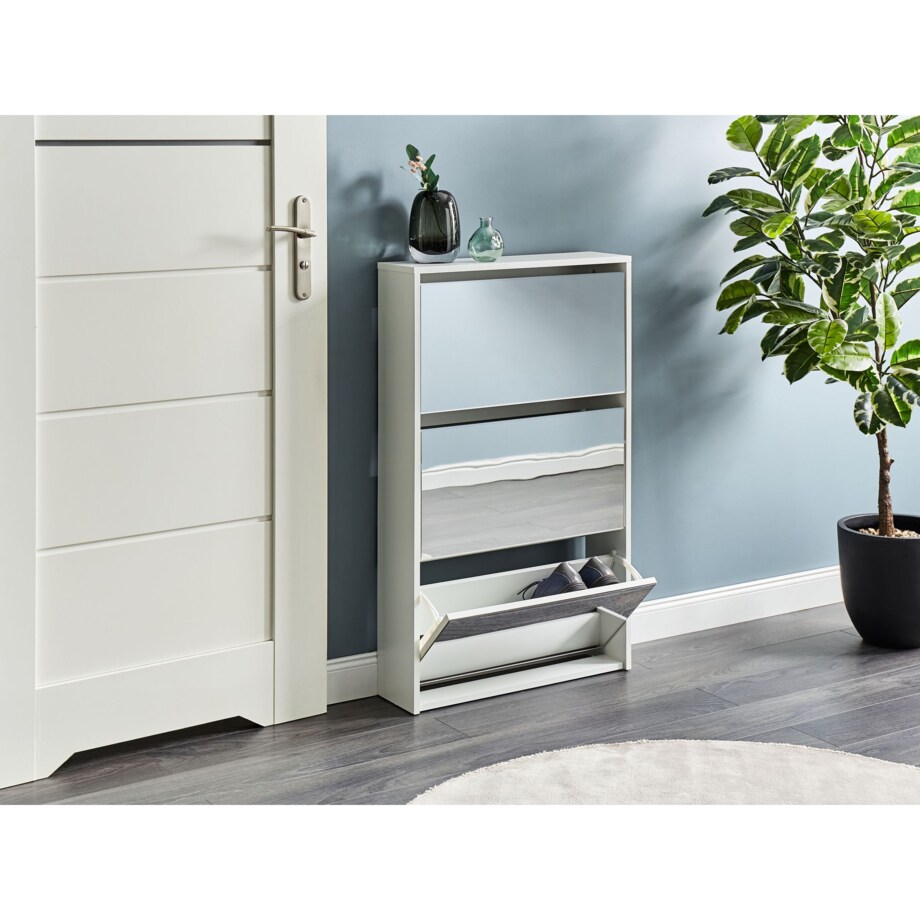 Szafka na buty 3 przegrody lustrzane fronty biała MIDFIELD