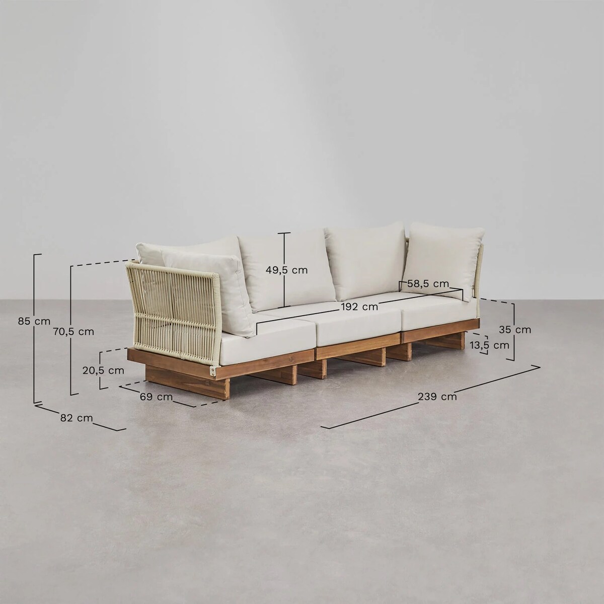 Zestaw ogrodowy: 4-częściowa sofa, stolik kawowy z pufem z drewna akacjowego Dailin