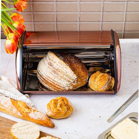 Chlebak stalowy mały 36cm różowe złoto matowy pojemnik na chleb pieczywo bułki KINGHOFF