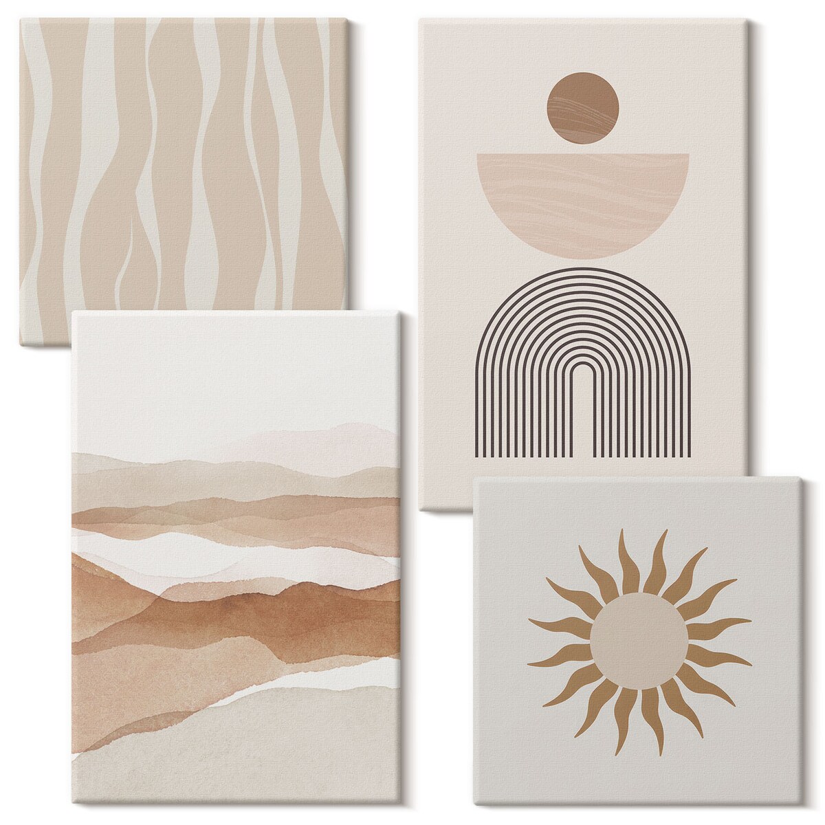 Zestaw 4 obrazów na płótnie - Abstrakcyjny pejzaż natura geometria boho - beżowy
