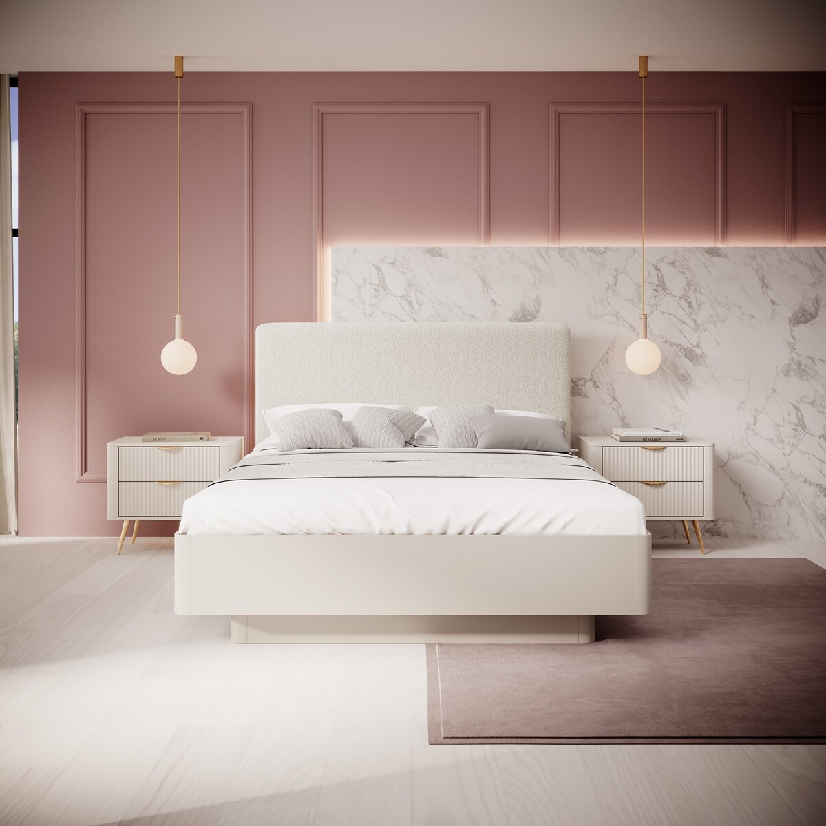 Stolik nocny ryflowany LENA w kolorze beżowym na złotych nóżkach