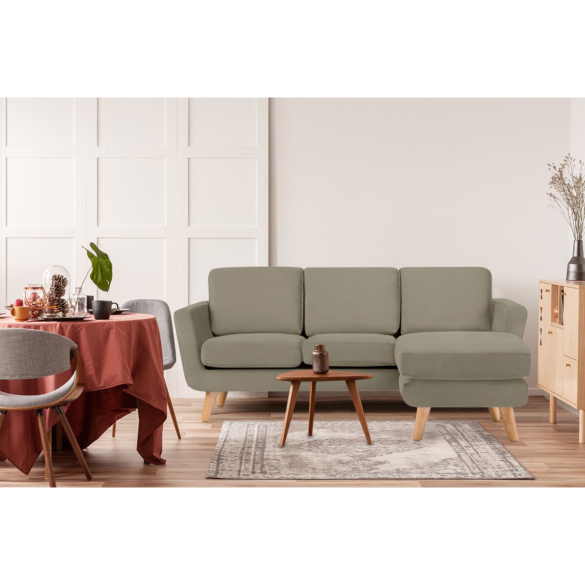 KONSIMO TAGIO Narożnik skandynawski beżowy z pufą/ otomaną, prawy