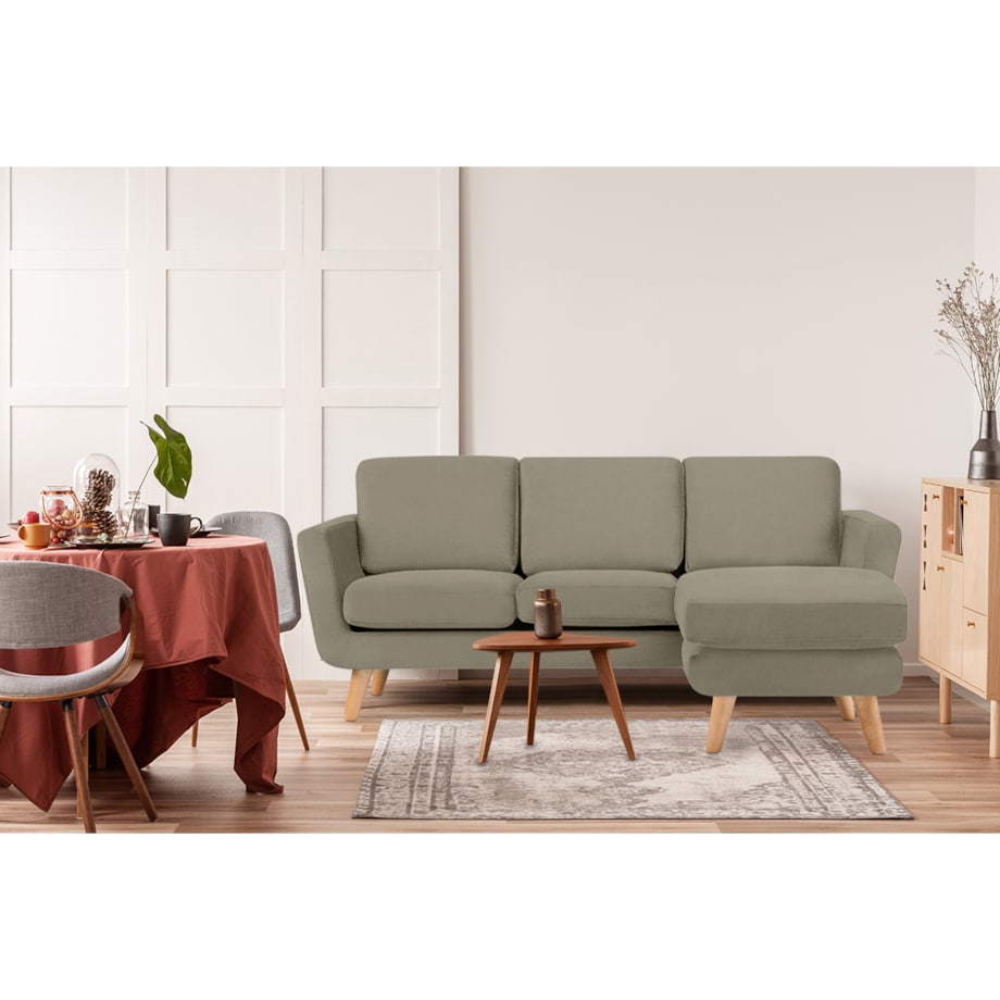 KONSIMO TAGIO Narożnik skandynawski beżowy z pufą/ otomaną, prawy