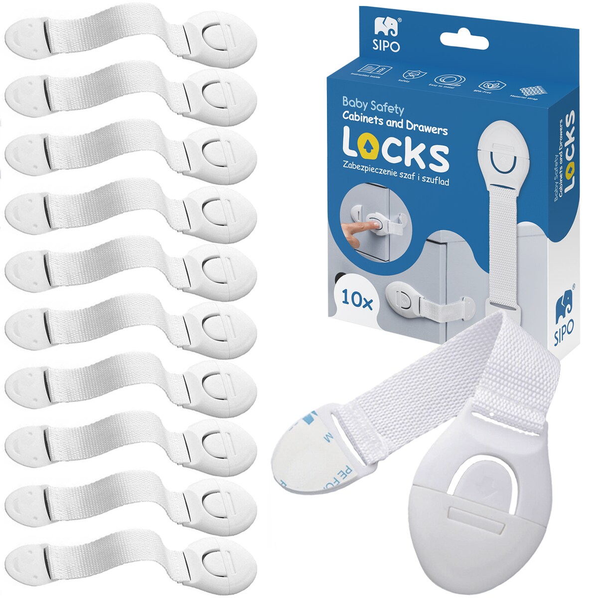 zabezpieczenia szaf i szuflad z paskiem elastycznym na zatrzask, sipo, zestaw 10 sztuk