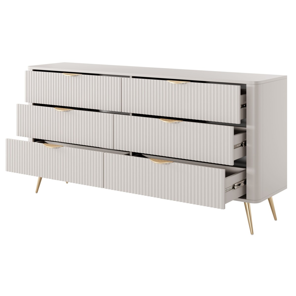 Komoda nowoczesna 6S LENA, ryflowana w kolorze beżowym na złotych nóżkach
