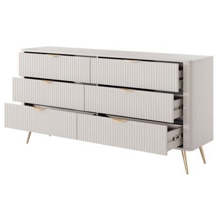 Komoda nowoczesna 6S LENA, ryflowana w kolorze beżowym na złotych nóżkach