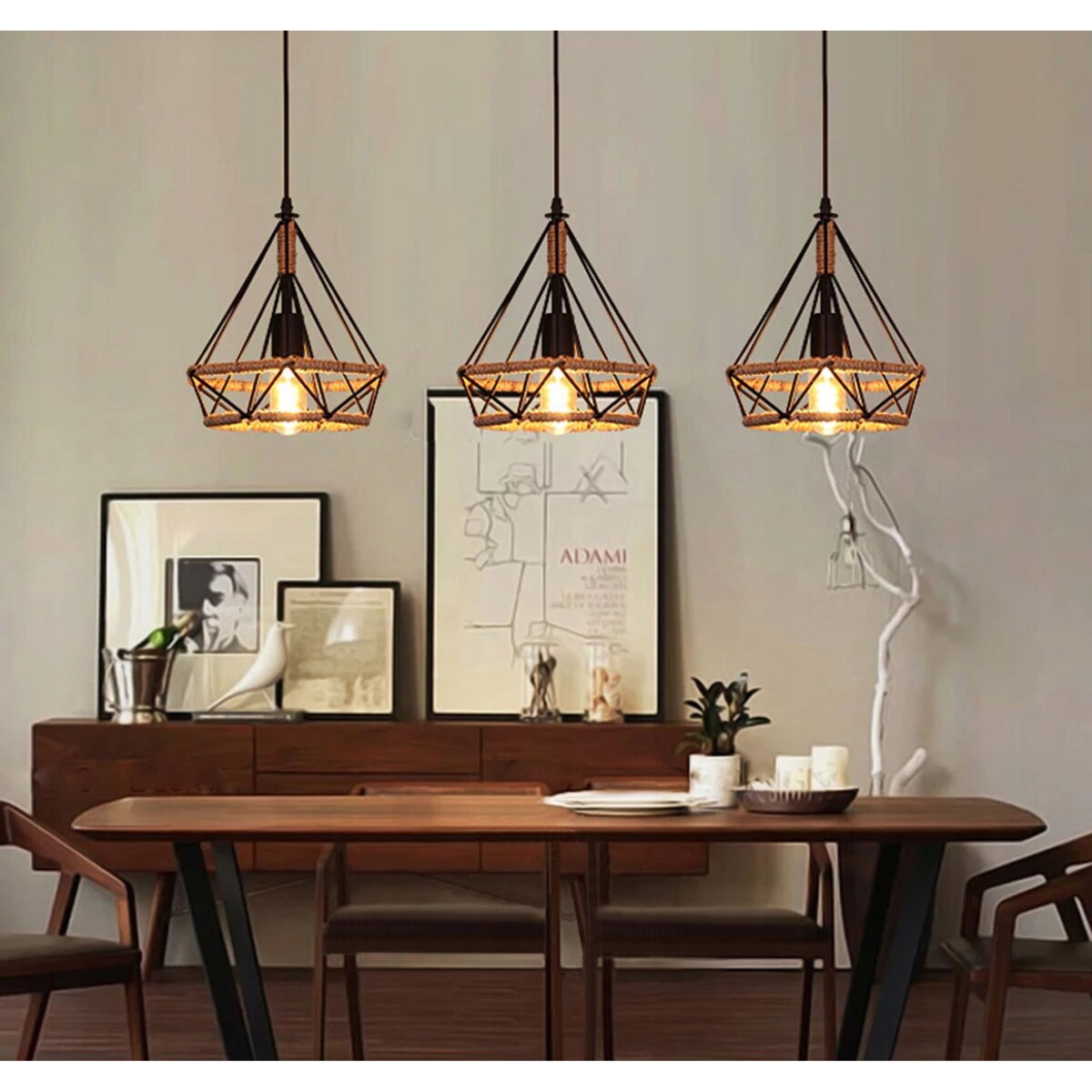 Lampa Sufitowa Wisząca Czarna Sznur Geometryczna