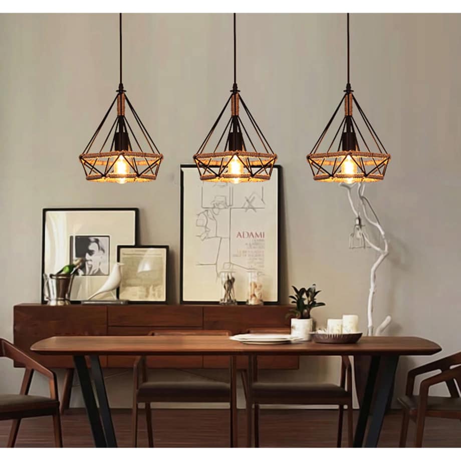 Lampa Sufitowa Wisząca Czarna Sznur Geometryczna