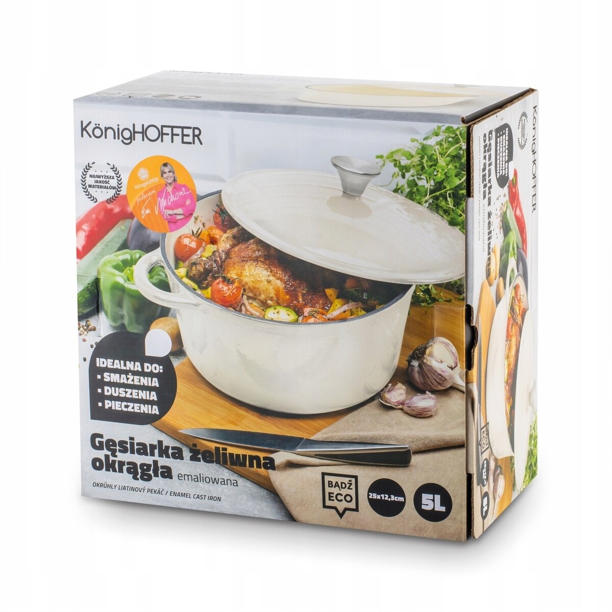 Gęsiarka żeliwna emaliowana brytfanna garnek 5 L okrągła KREMOWA gotowanie