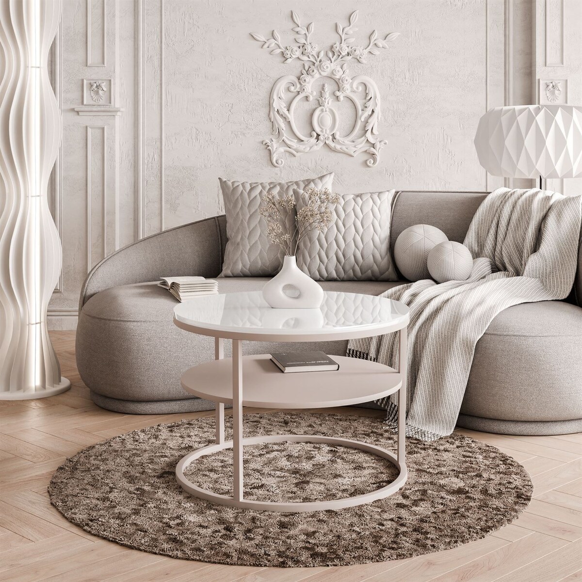 Stolik Kawowy CIRI KASZMIR wysoki połysk z półką, blat biały połysk