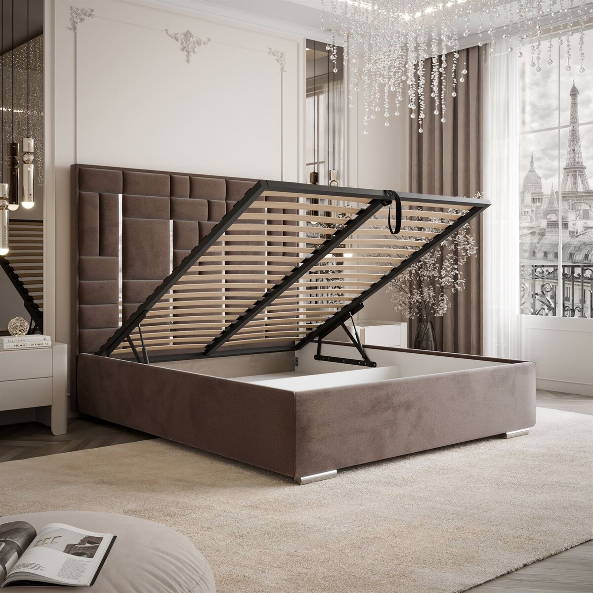 Łóżko tapicerowane BRIGITTE SILVER, pojemnik na pościel, s34, 160x200, Element 25