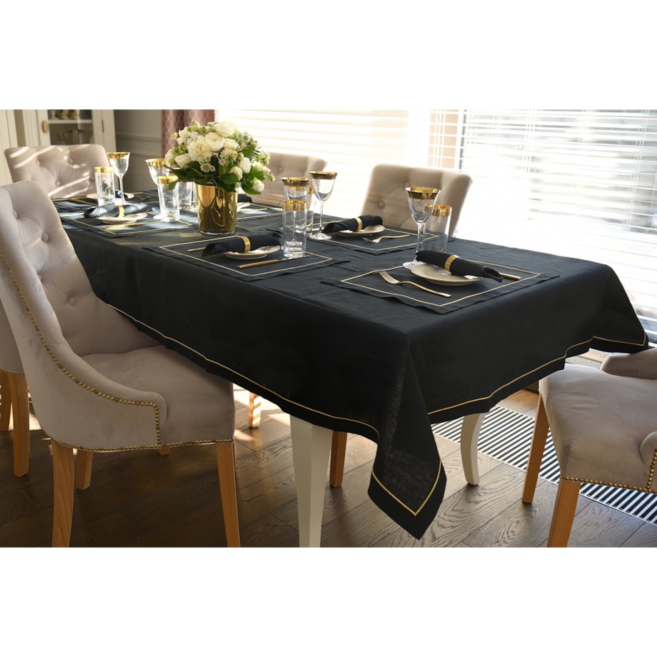 Lniany obrus Royal Black Goldenline – 140 × 300 cm
