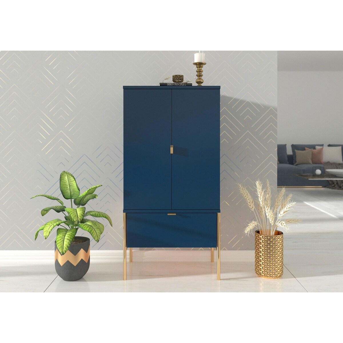Wysoka elegancka granatowa komoda Skandica POLKA na złotych nóżkach