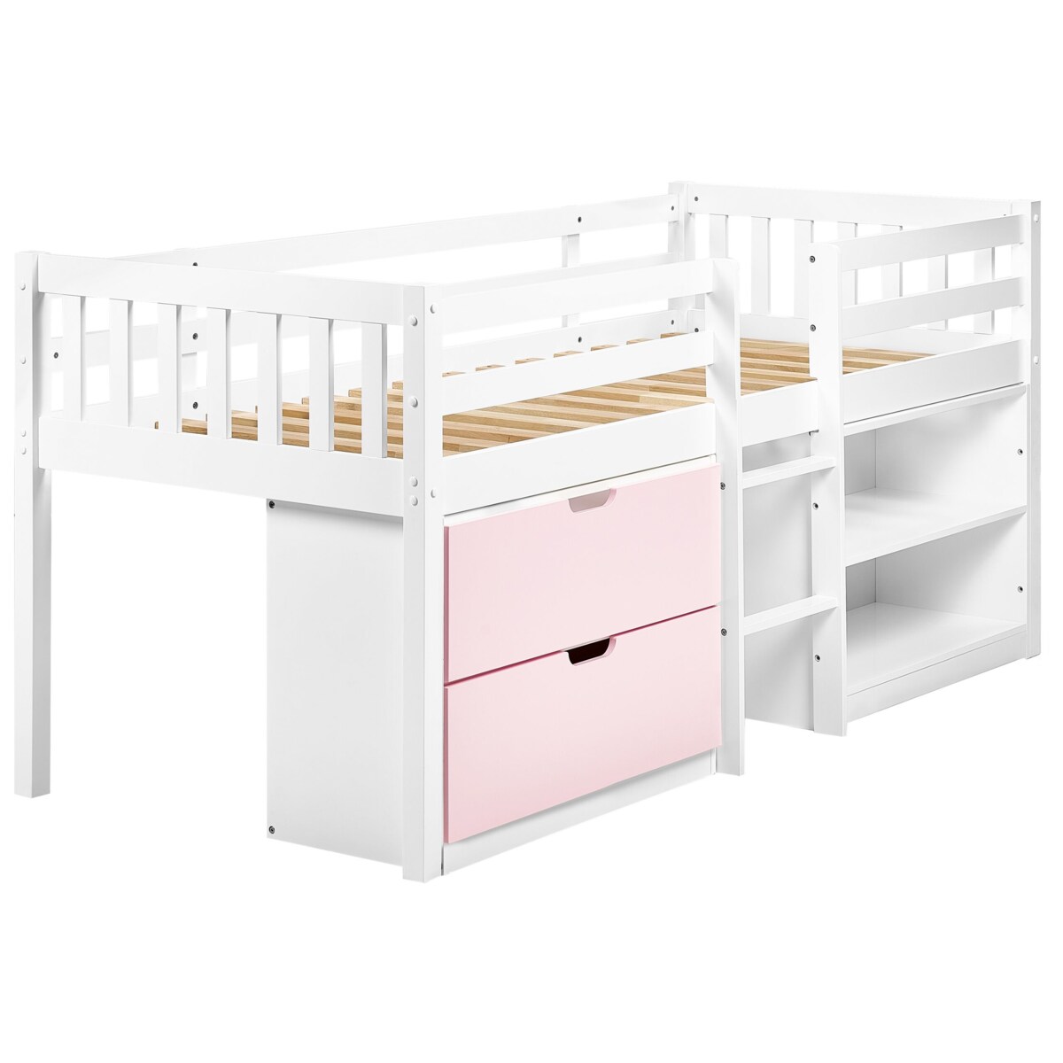 Łóżko dziecięce na podwyższeniu z szufladami drewniane 90 x 200 cm białe z różowym SUSVILLE