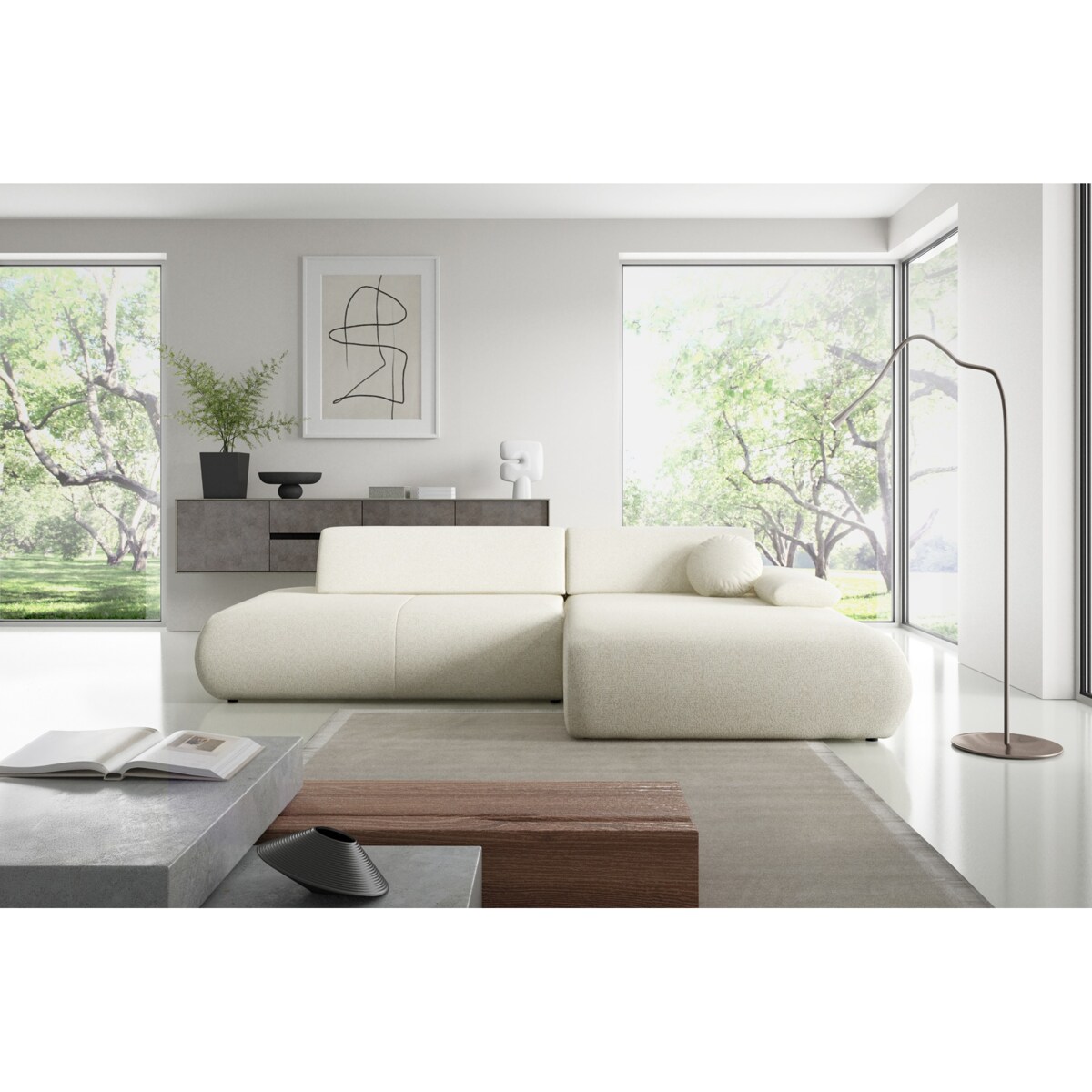 Narożnik rozkładany PENTI z pojemnikiem na pościel, prawy, ecru