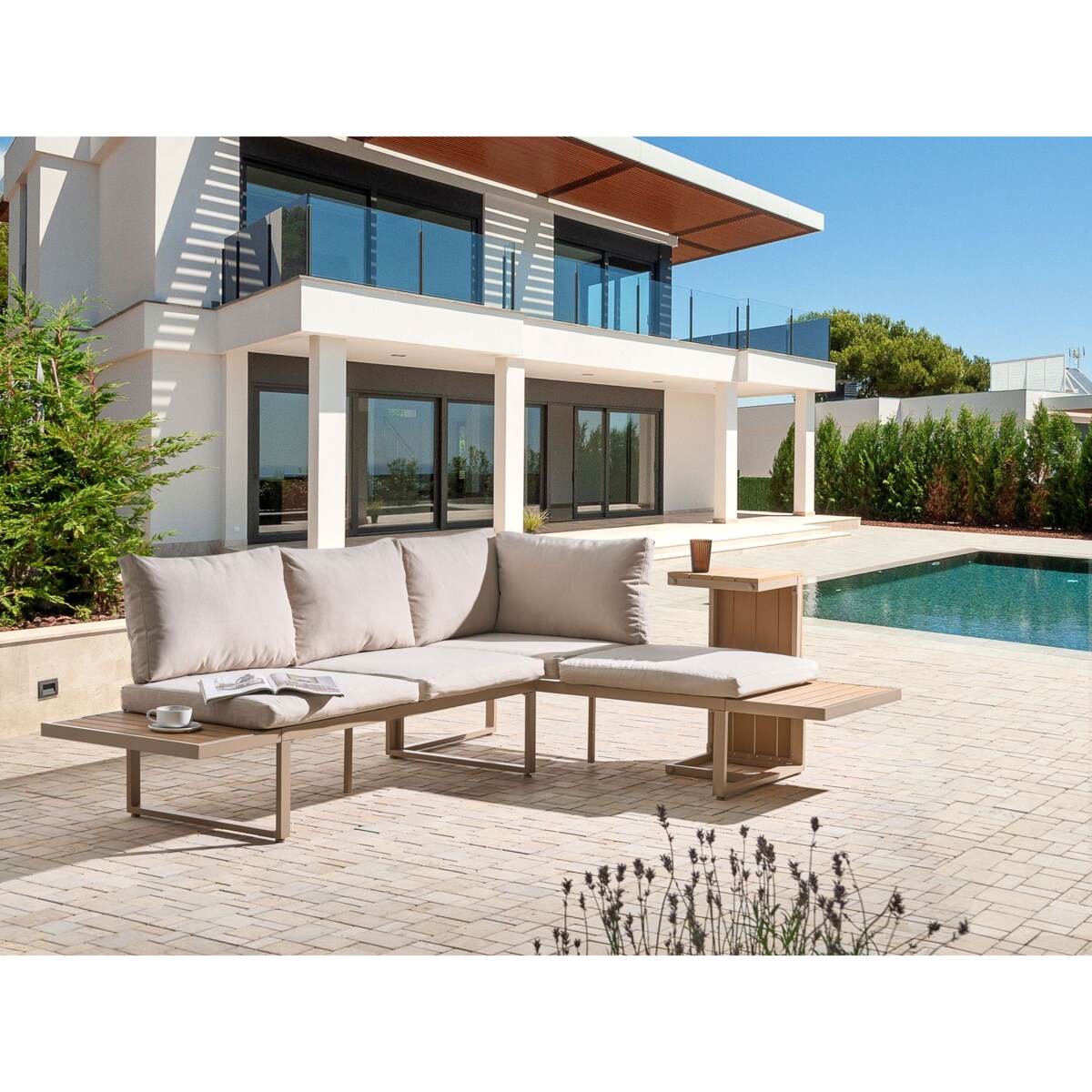 Narożnik ogrodowy ze stolikiem dla 4 osób PIENZA Prawostronny Modułowy Jasny brąz/ beżowy