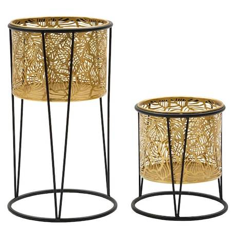 Metalowe osłonki na stojakach, ażurowy wzór roślinny, 2 szt.