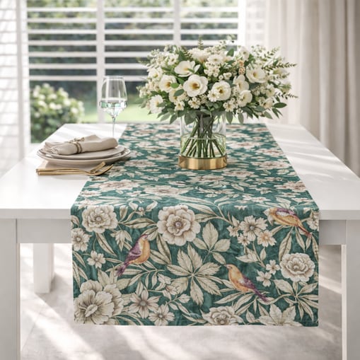 Bieżnik z motywem liści i ptaków Emerald – 50 × 150 cm