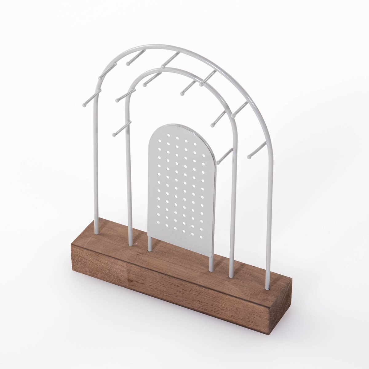 Metalowy stojak na biżuterię, drewniana podstawka, 18 x 4,5 cm