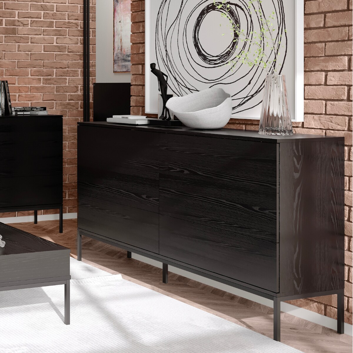 Komoda Szeroka Industrialna na metalowych nóżkach, czarna