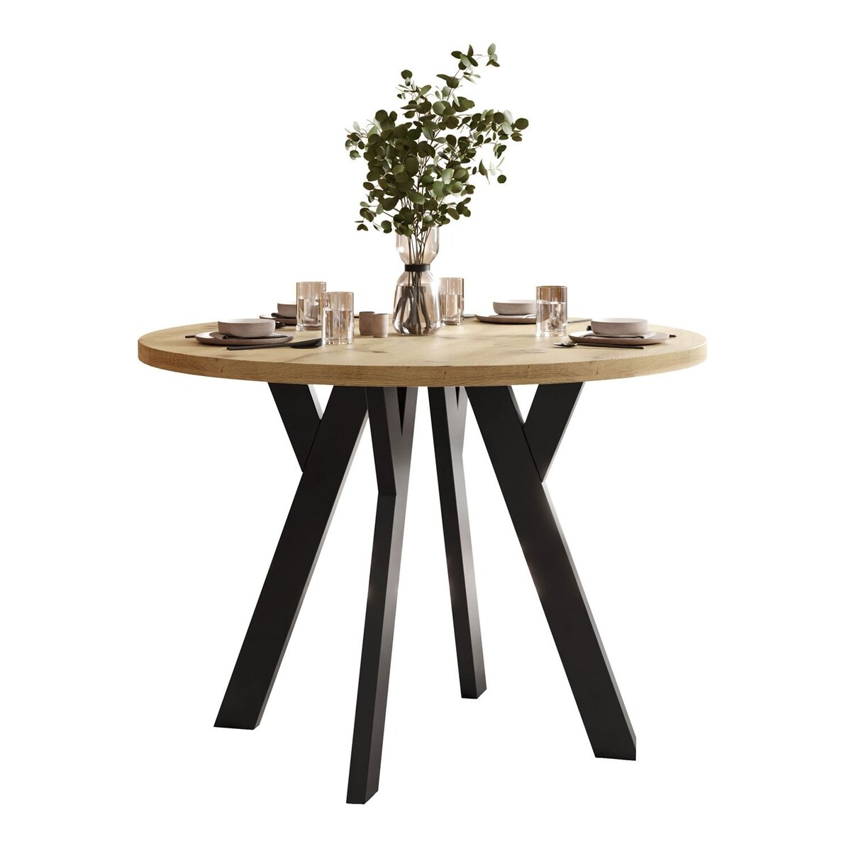 Okrągły stół rozkładany VOLTA LOFT, nogi czarne, blat dąb artisan