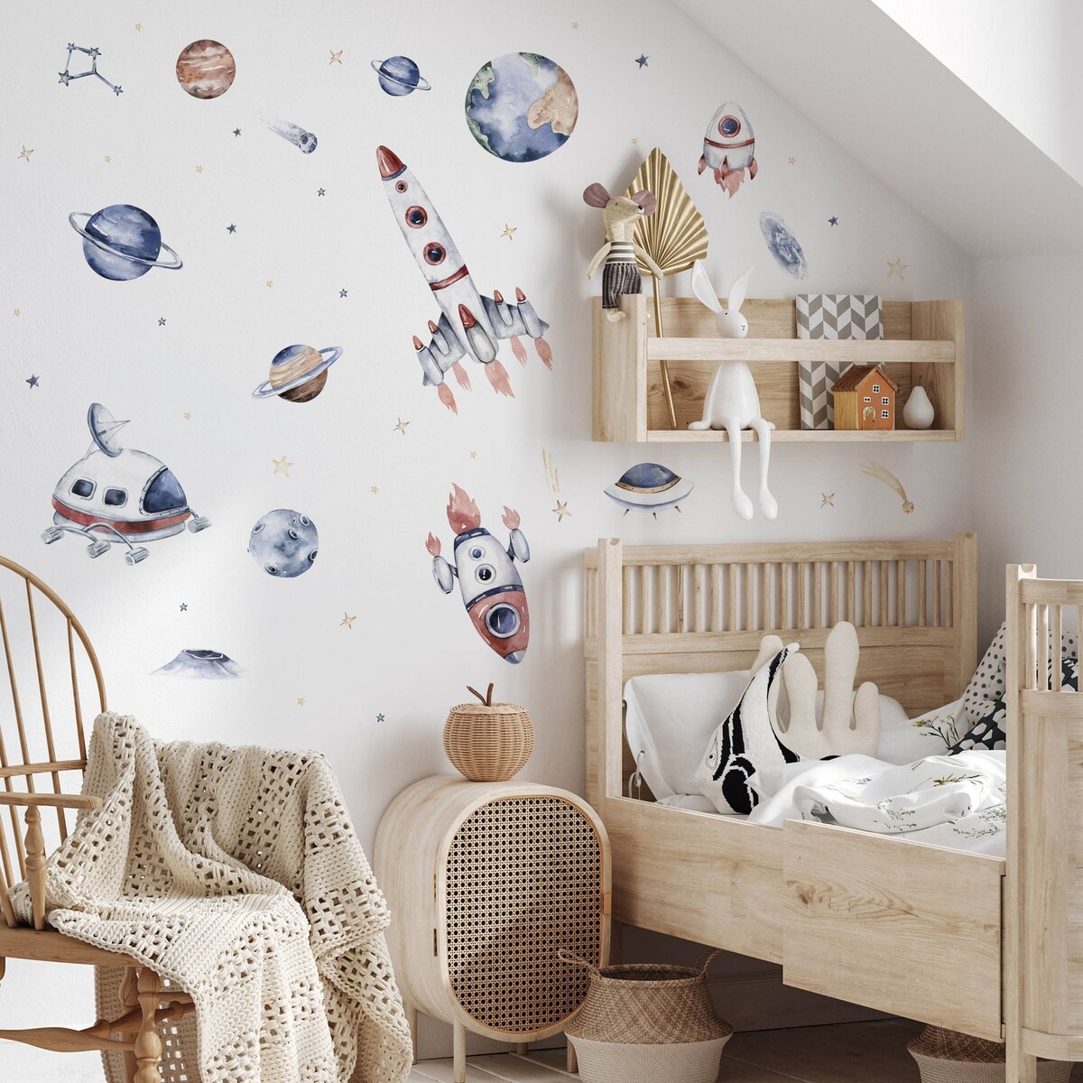 Naklejki Na Ścianę Dla Dzieci Kosmos Rakiety Planety Gwiazdy Boho ZESTAW 60x30cm