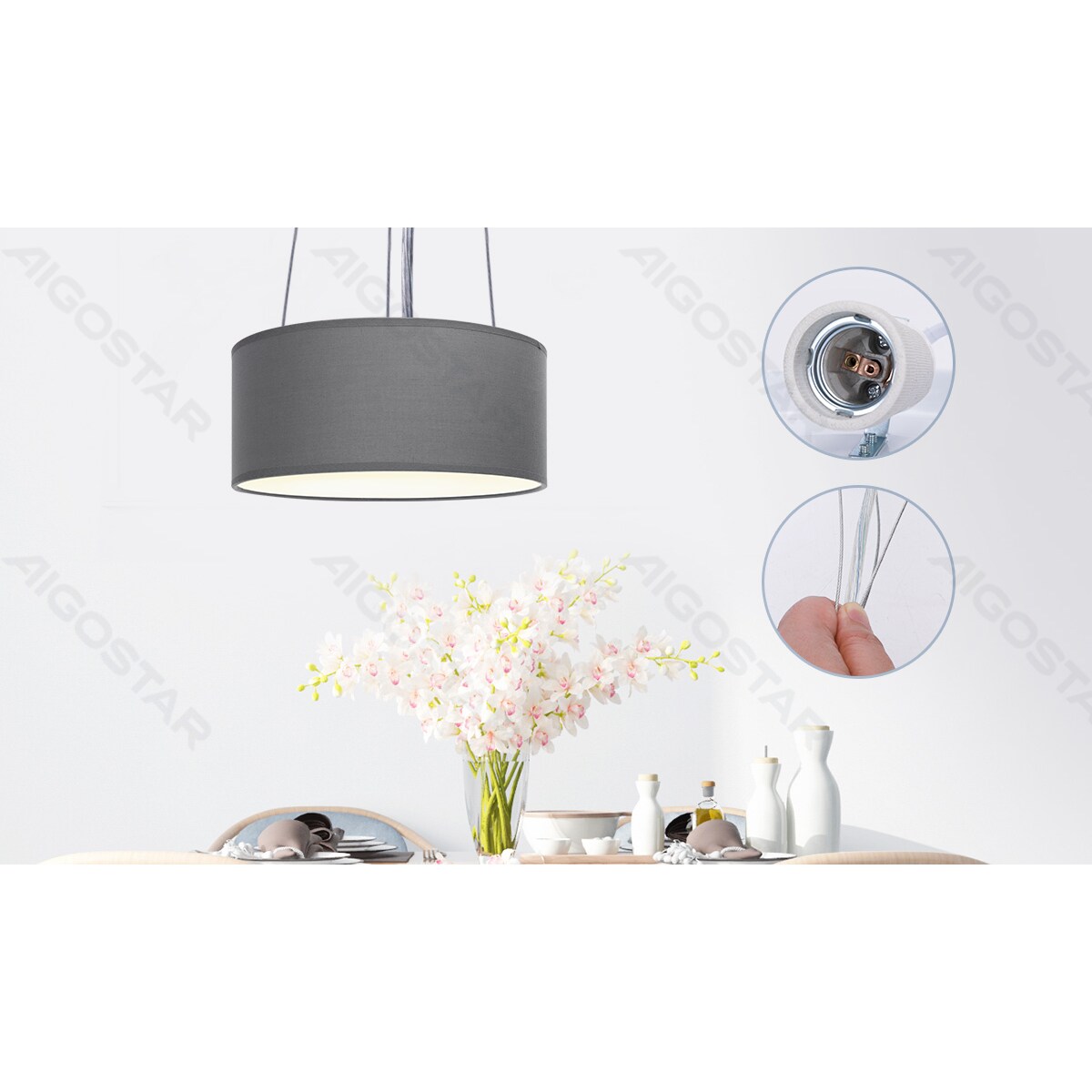 lampa wisząca abażur z tkaniny szara okragła e27