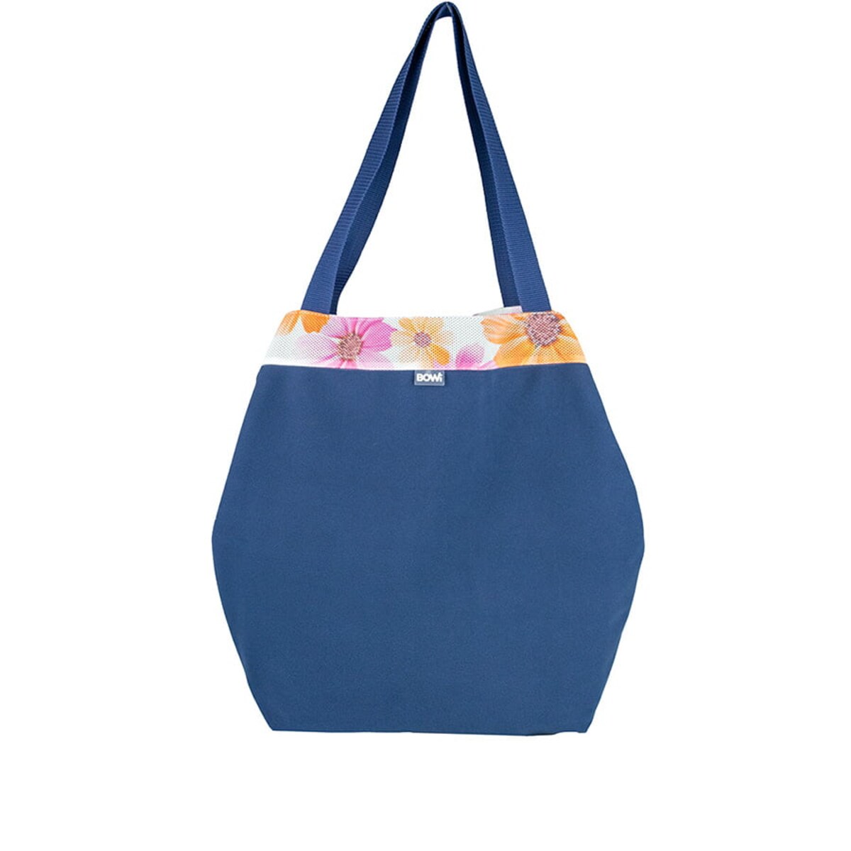 Torba na zakupy granatowa pomarańczowe kwiaty ze sprzączką