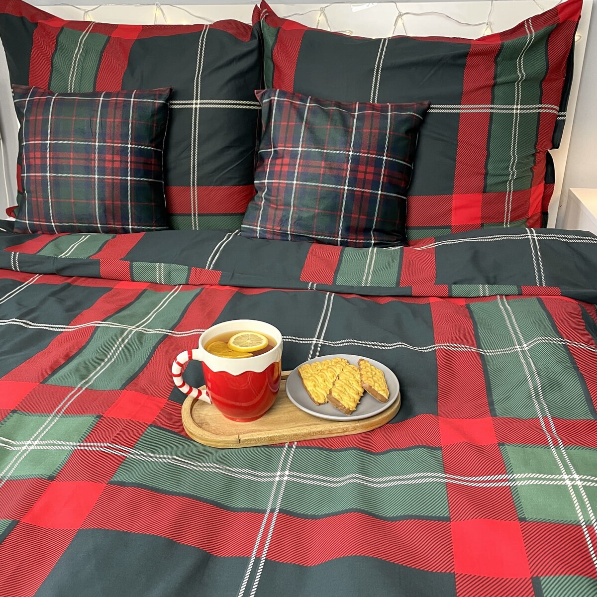 Pościel bawełniana satynowa świąteczna 140x200 CZERWONA ZIELONA KRATA SZKOCKA PREMIUM
