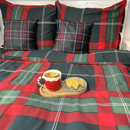 Pościel bawełniana satynowa świąteczna 140x200 CZERWONA ZIELONA KRATA SZKOCKA PREMIUM