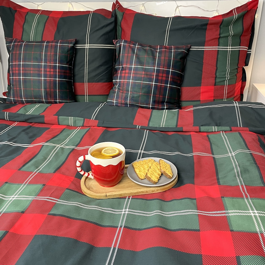Pościel bawełniana satynowa świąteczna 140x200 CZERWONA ZIELONA KRATA SZKOCKA PREMIUM