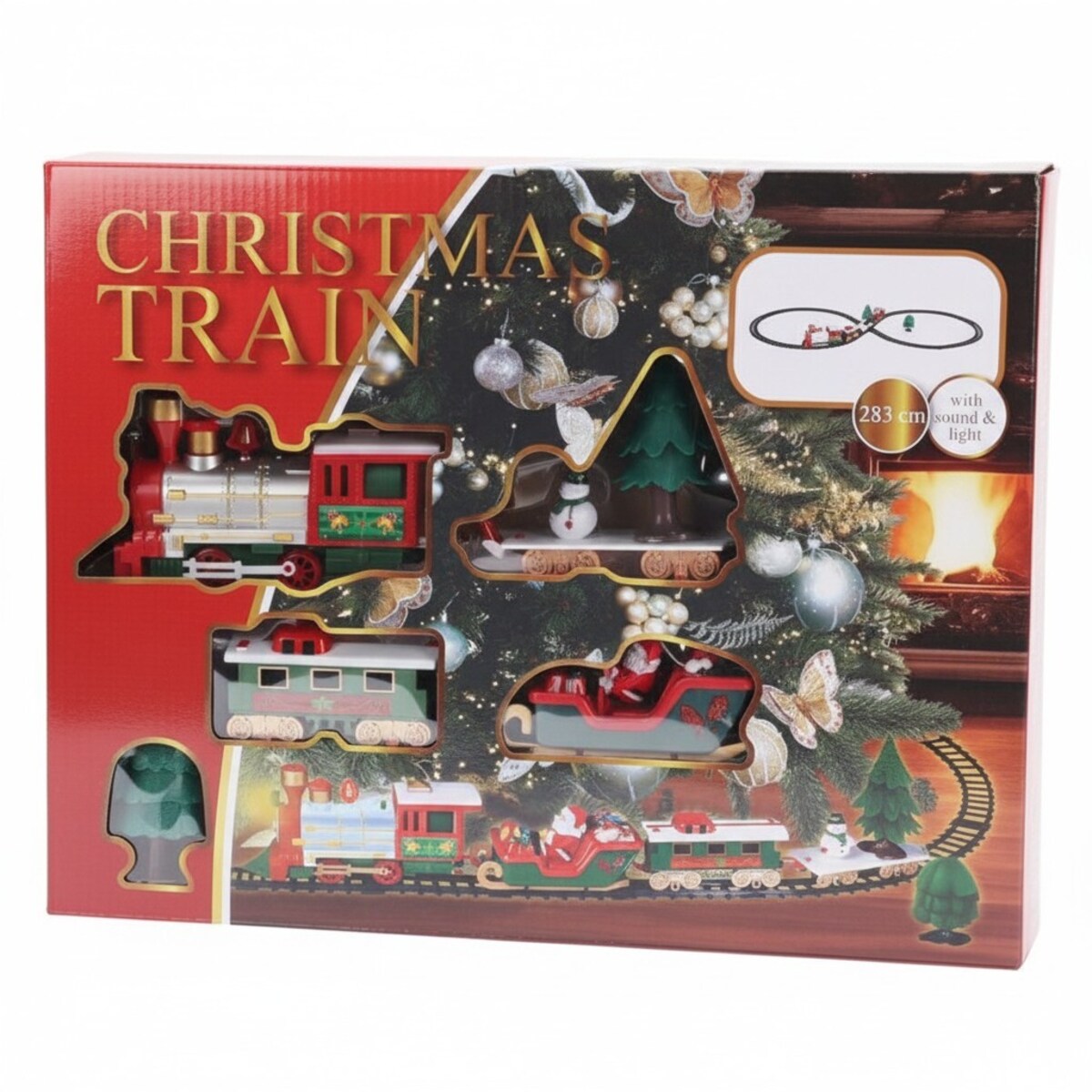 Kolejka świąteczna z lokomotywą i saniami Mikołaja, 22 el., 283 cm