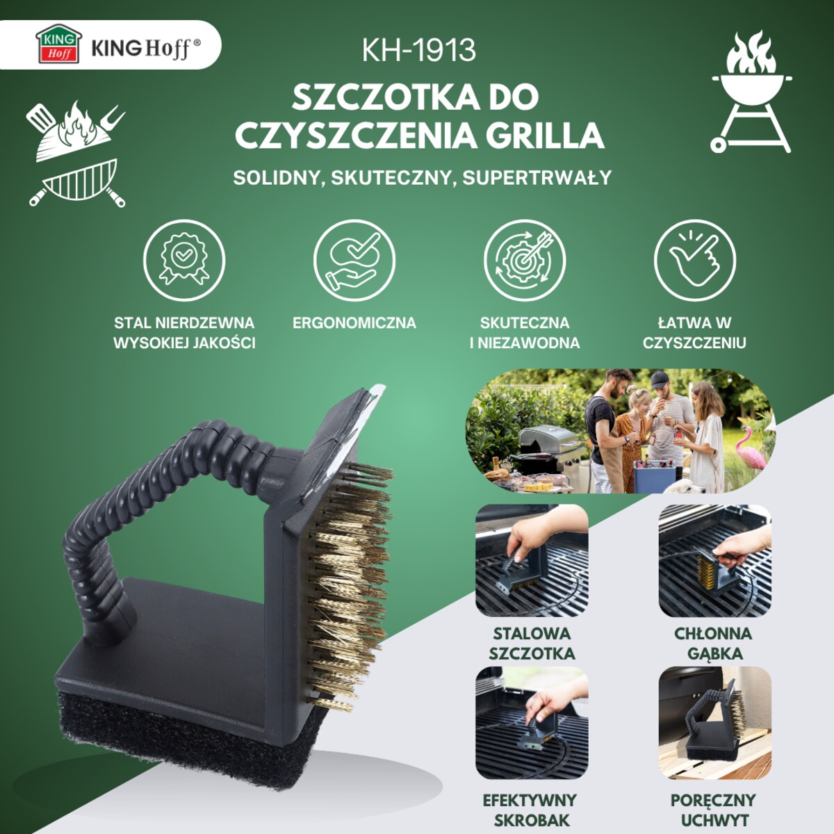 Szczotka do czyszczenia grilla 3w1, skrobak+gąbka+szczotka, KINGHOFF