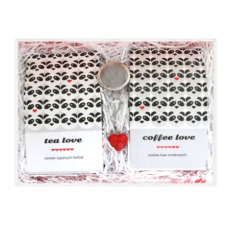 Zestaw prezentowy upominkowy "LOVE BOX" - herbaty, kawy, zaparzacz - prezent upominek na walentynki dla chłopaka dziewczyny niej niego żony męża kobiety faceta mężczyzny narzeczonej