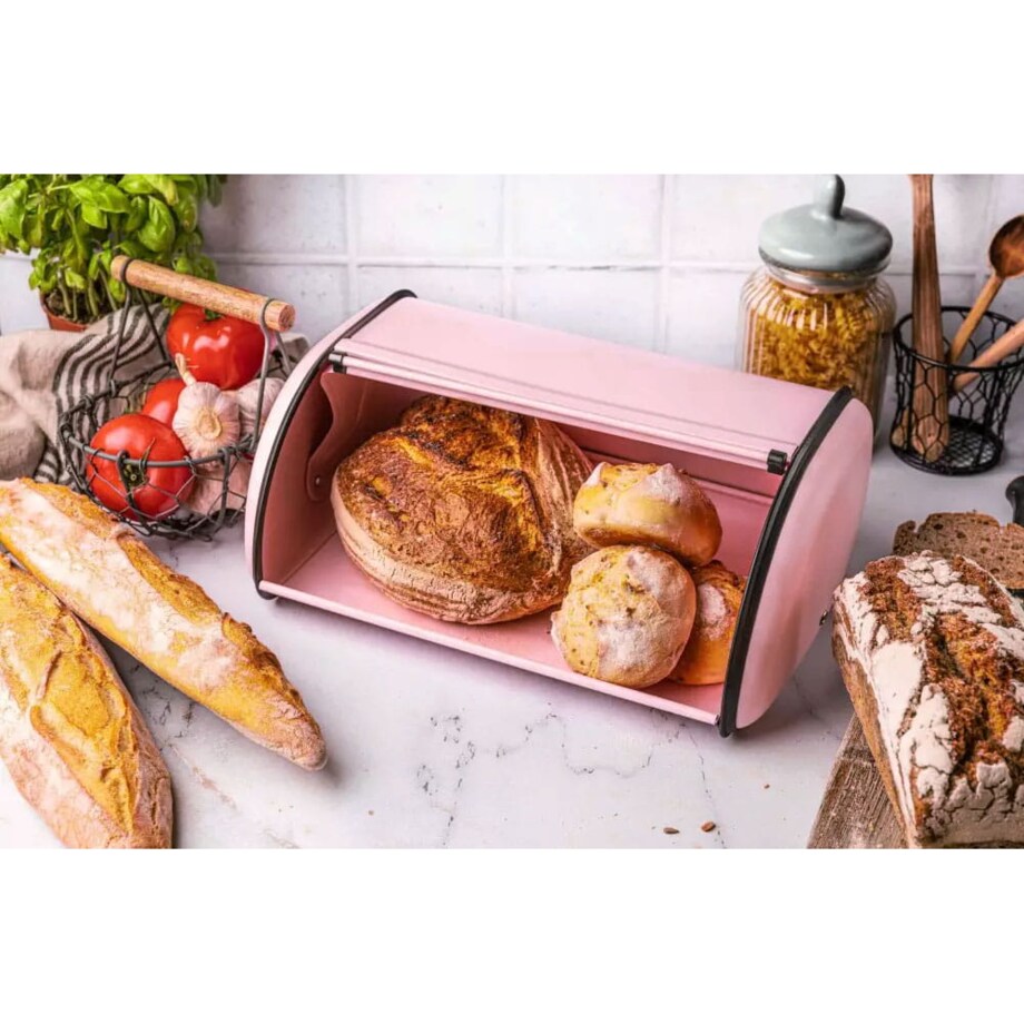 Chlebak stalowy mały 36cm różowy matowy pojemnik na chleb pieczywo bułki KINGHOFF